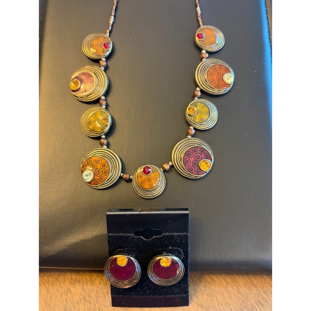 Vintage Style Enamel Rhinestone Circle Necklace and Earring Set Antique Brass